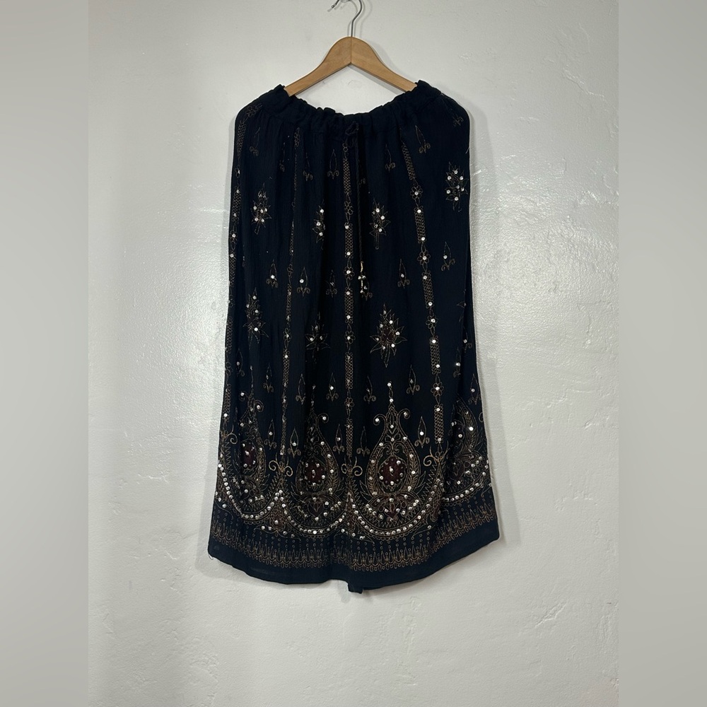 Draw String Silver Sequined Black Maxi Skirt